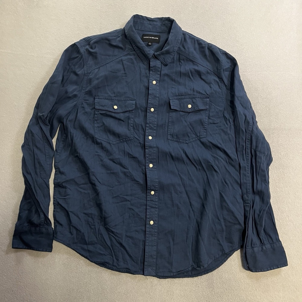 Lucky Brand Shirt Men's Size Large Blue Washed Pearl Snaps Cotton Viscose Blend